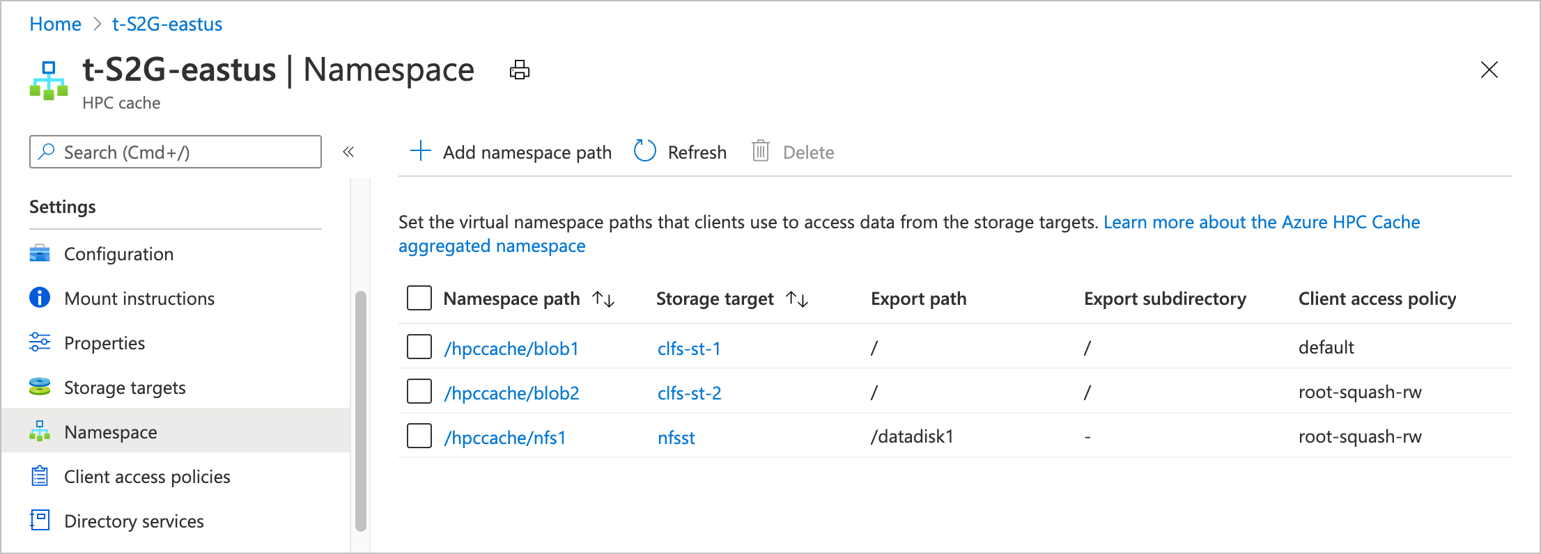 screenshot of portal namespace page with two paths in a table. Column headers: Namespace path, Storage target, Export path, and Export subdirectory, and Client access policy. The path names in the first column are clickable links. Top buttons: Add namespace path, refresh, delete