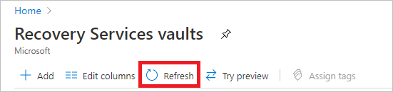Screenshot that shows the button for refreshing the list of backup vaults.