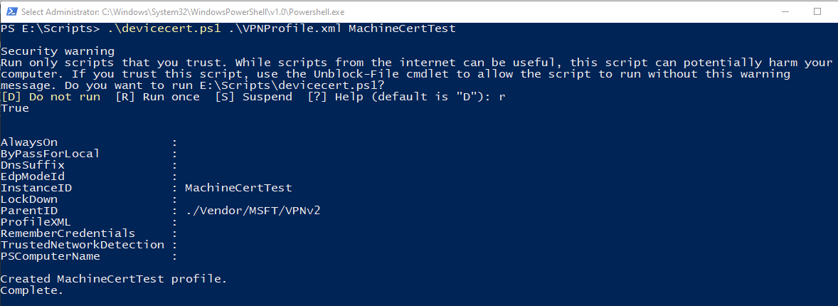 屏幕截图显示了一个 PowerShell 窗口，该窗口使用 devicesert 脚本运行了 MachineCertTest。
