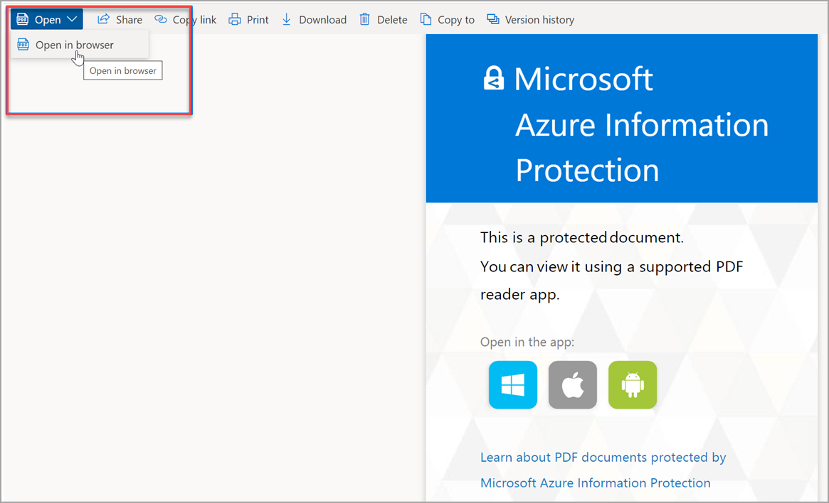 Open a protected PDF using Microsoft Edge from the browser using the Open in browser option