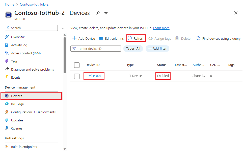 Screenshot showing that the device is registered with the IoT hub and enabled for the C example.
