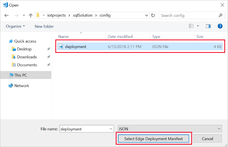 Screenshot showing where to select the I o T Edge Deployment Manifest.