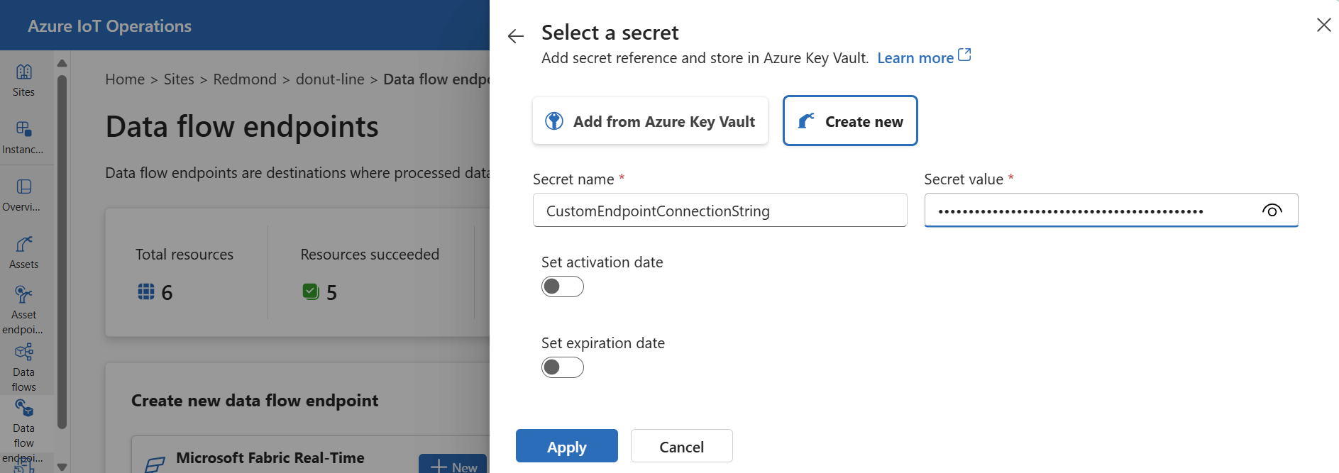 在 Azure Key Vault 中创建密码引用的屏幕截图。