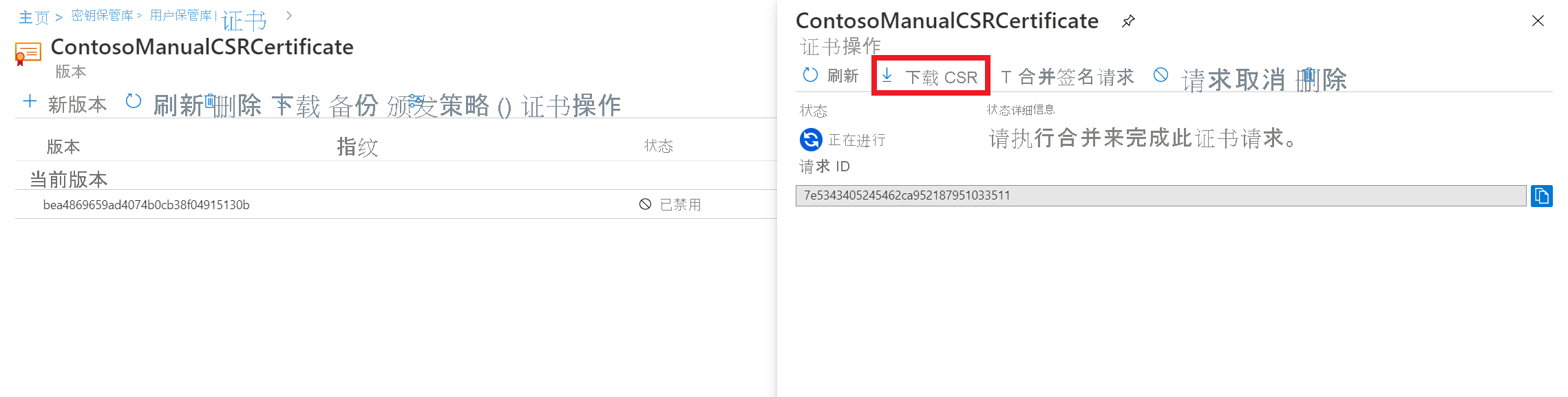 突出显示“下载 CSR”按钮的屏幕截图。