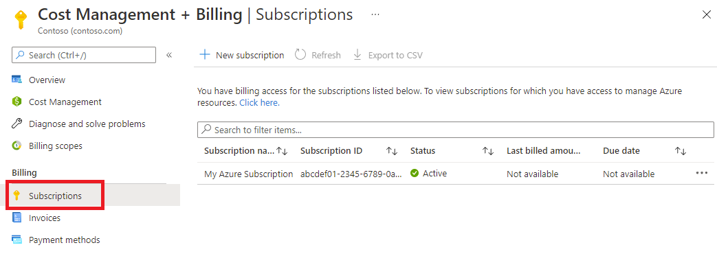 Screenshot that shows the Subscriptions page in Cost Management + Billing. The Subscriptions menu is highlighted.