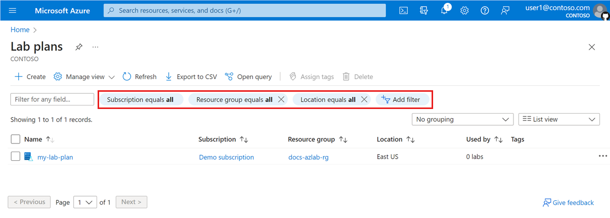 Screenshot that shows the list of lab plans in the Azure portal, highlighting the filter options.