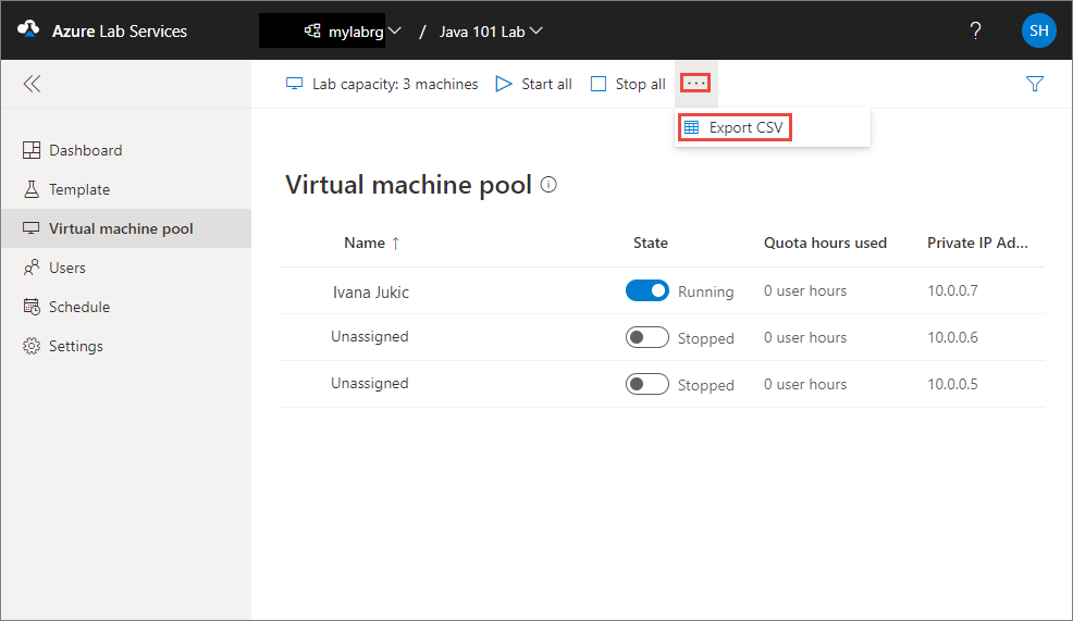 Screenshot of virtual machine pool page in Azure Lab Services. The Export CSV menu item is highlighted.