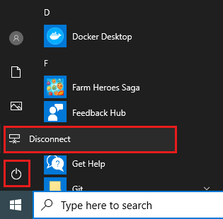 Screenshot of the Start menu in Windows. The power button and disconnect item are highlighted.