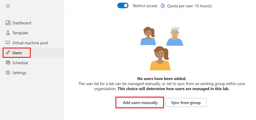 屏幕截图显示“用户”页面，其中突出显示了“手动添加用户”。