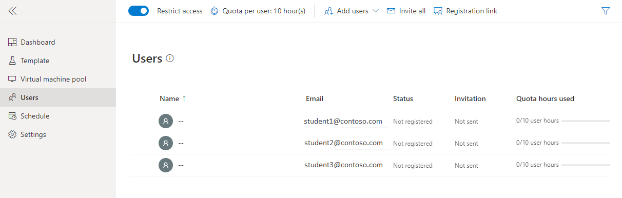 屏幕截图显示“用户”页面，其中显示了用户电子邮件地址列表。