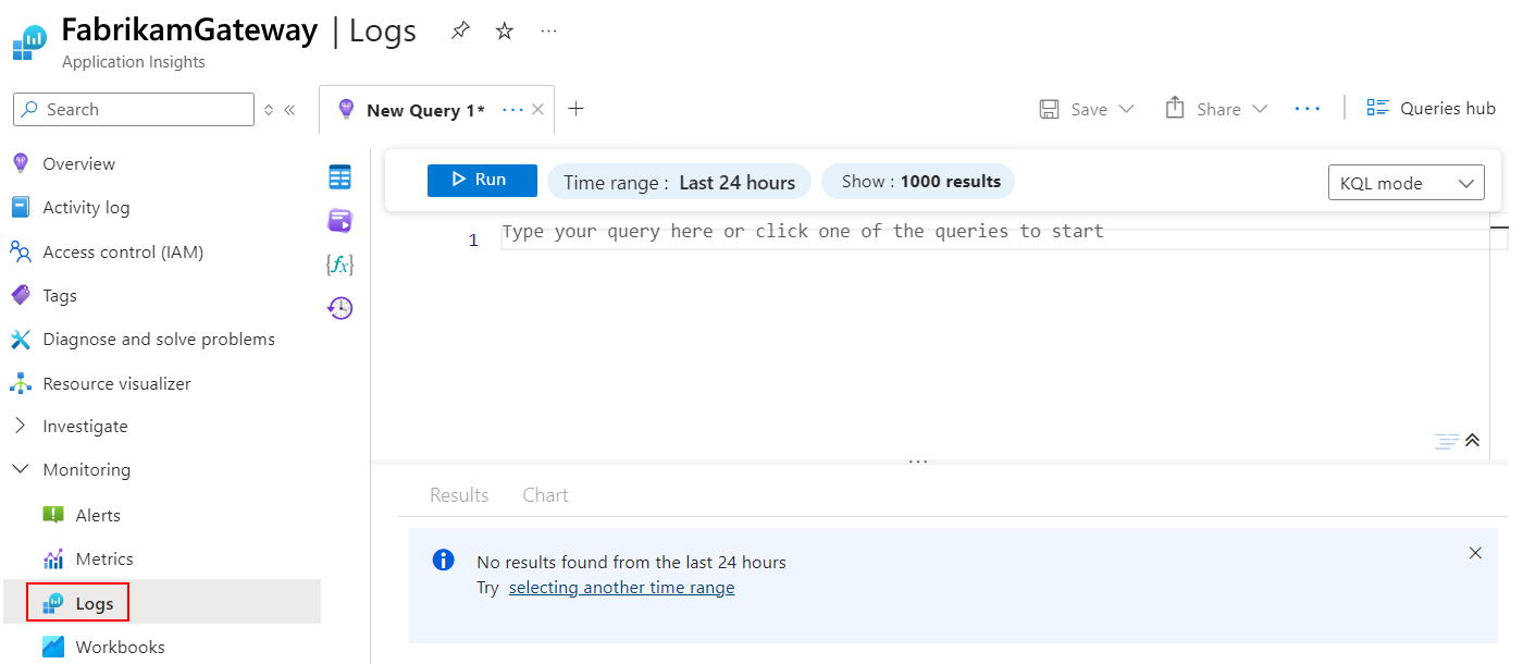 屏幕截图显示 Azure 门户中打开“日志”窗格以创建查询的 Application Insights。