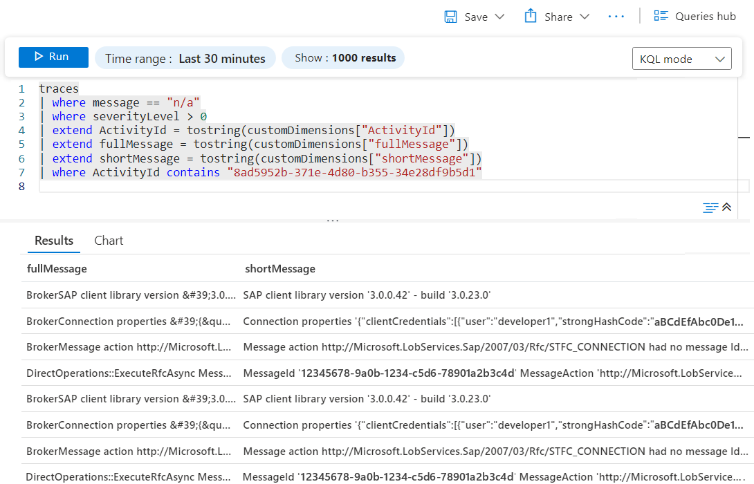 显示 Application Insights 中的跟踪结果表的屏幕截图。