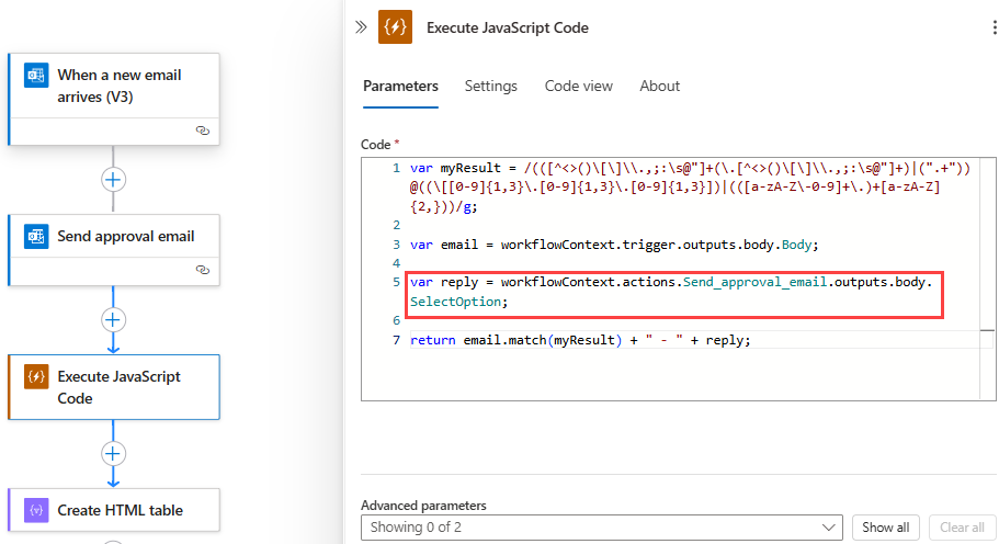 显示消耗型工作流和“执行 JavaScript 代码”操作的屏幕截图，其中包含已更新的示例代码片段。