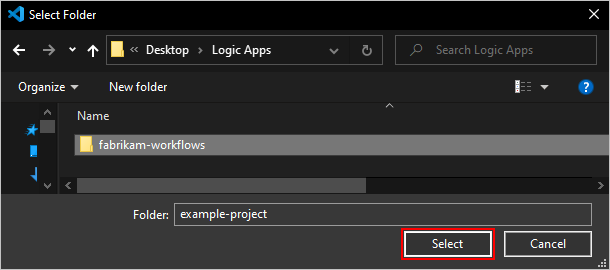 屏幕截图显示了“选择文件夹”对话框，其中有一个新创建的项目文件夹并选定了“选择”按钮。