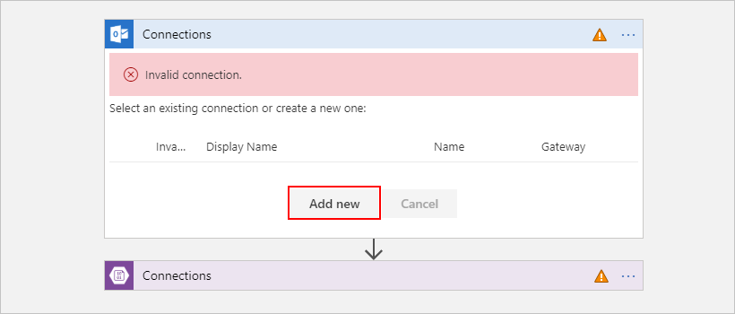 显示在 Outlook“连接”窗口中选择的“新增”按钮的屏幕截图。