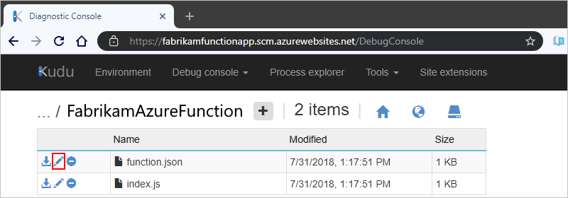 显示已选中“编辑”命令的“function.json”文件的屏幕截图。