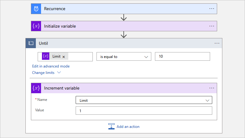 Screenshot shows Consumption workflow and built-in action named Until with Name set to the Limit variable and Value set to 1.