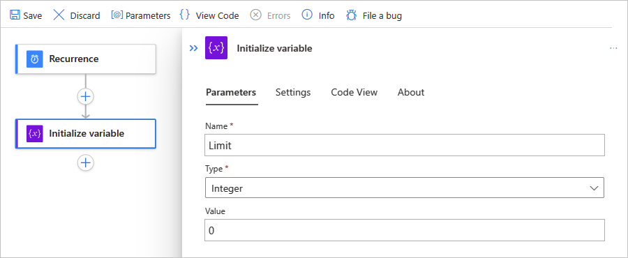 Screenshot shows Azure portal, Standard workflow, and parameters for built-in action named Initialize variable.