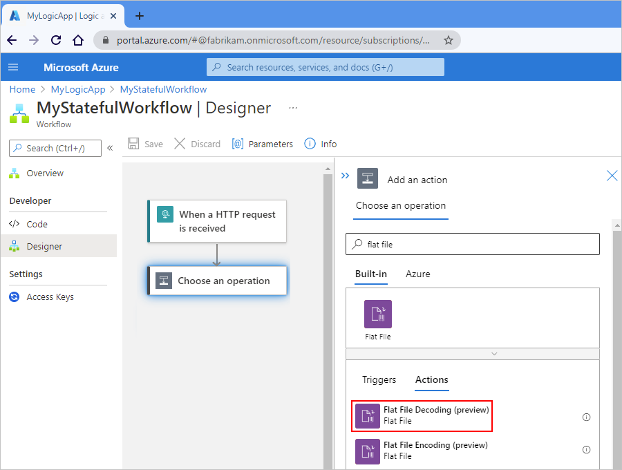 该屏幕截图显示 Azure 门户和标准型工作流设计器，其中“平面文件”显示在搜索框内，“平面文件解码”操作处于选中状态。