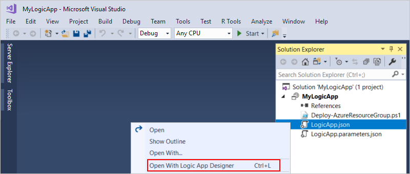 Screenshot shows workflow designer with opened logic app .json file.