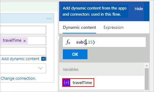 屏幕截图显示了动态内容列表，并选定了“travelTime”变量。