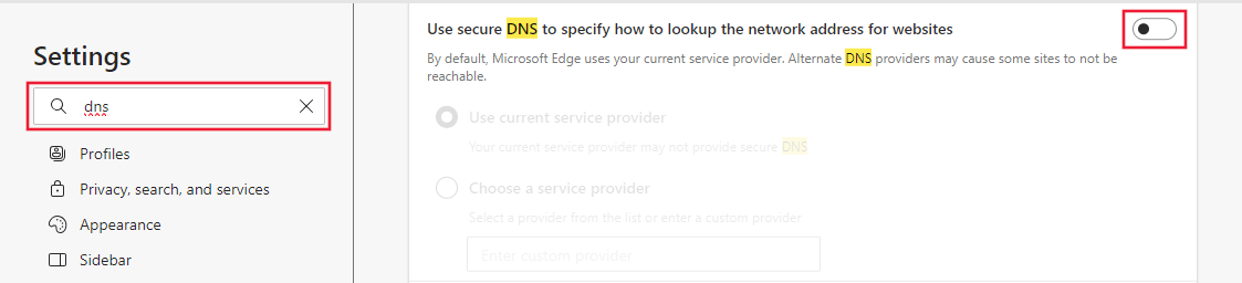 Microsoft Edge 中“使用安全 DNS”设置的屏幕截图。