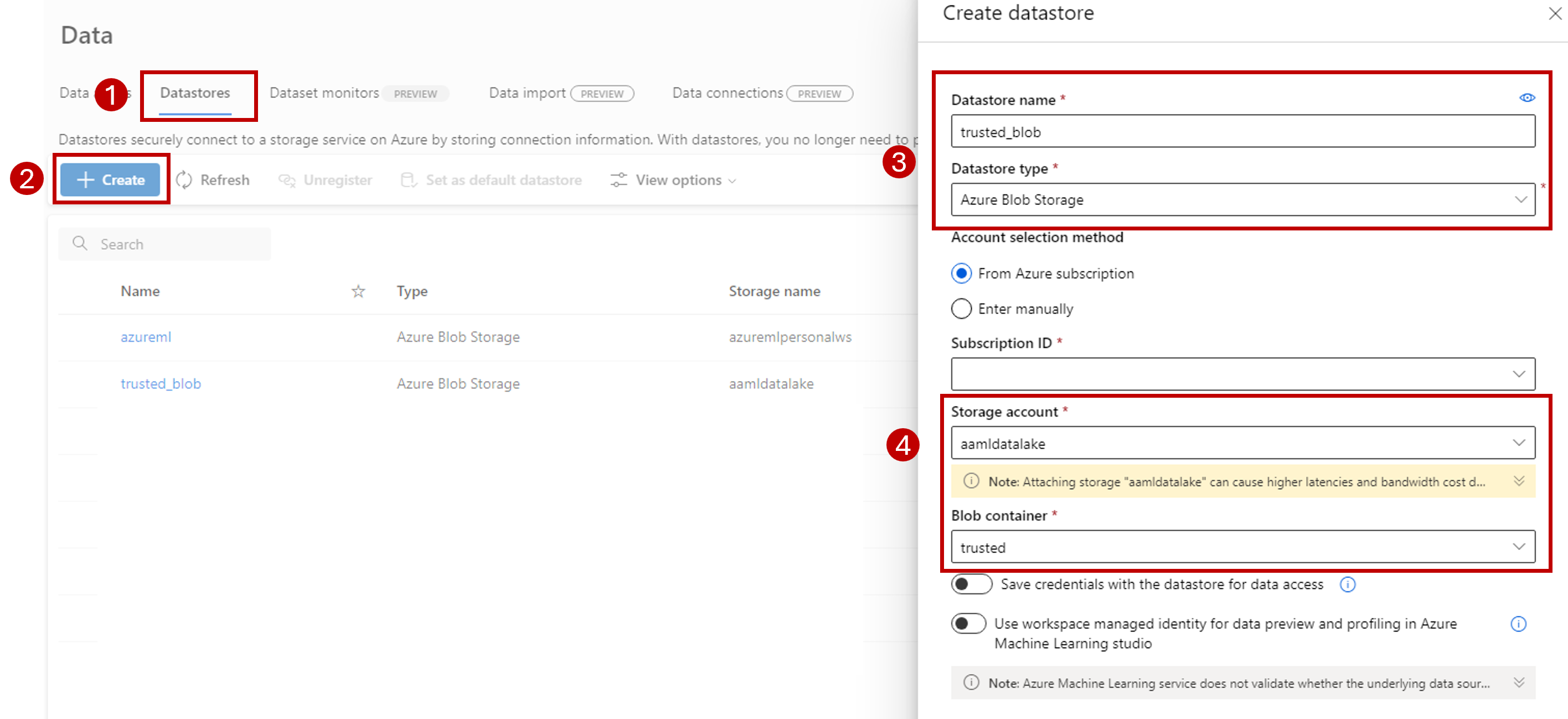A screenshot showing how to configure the Azure Machine Learning data store.