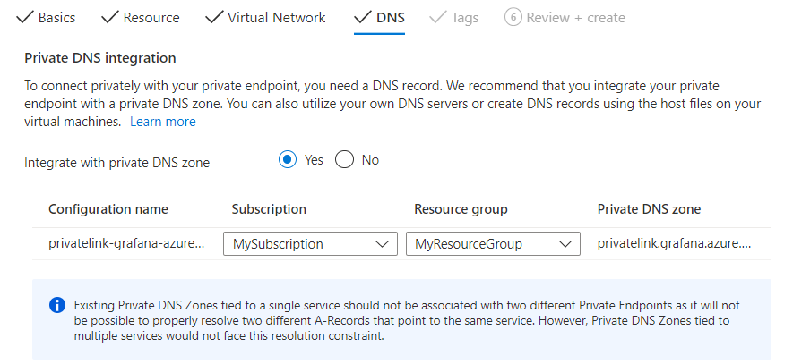 Azure 门户的屏幕截图，其中填写了 DNS 选项卡。