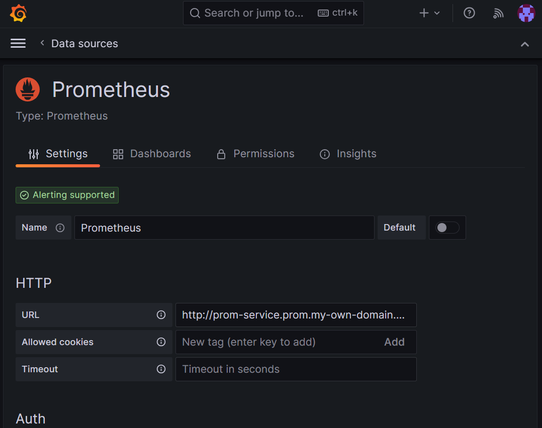 Screenshot of the Grafana platform showing adding Prometheus as a data source.