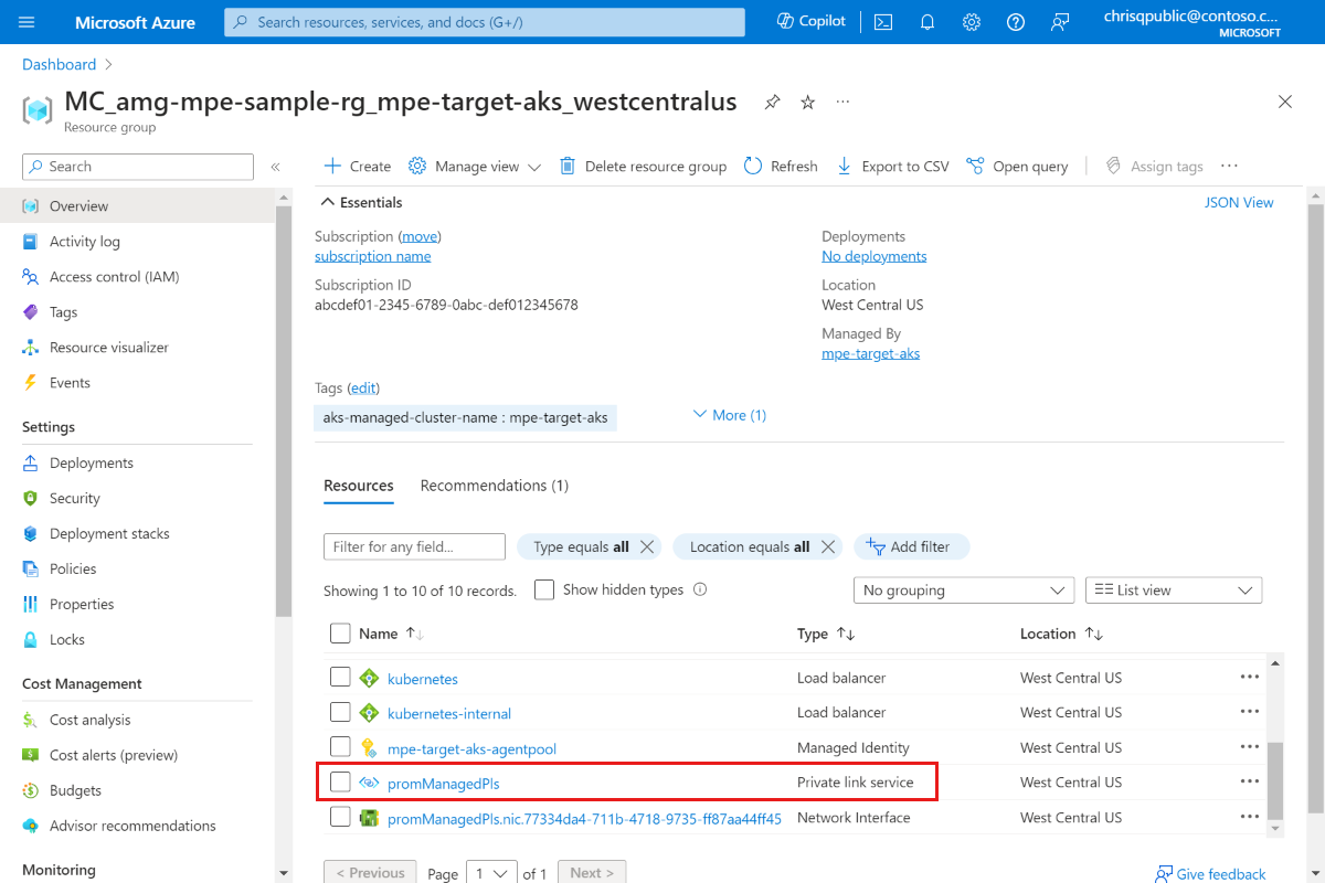 Screenshot of the Azure platform: showing the created Private Link Service resource.
