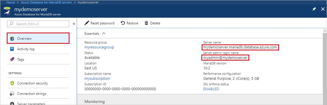 Azure 门户中 Azure Database for MariaDB 服务器的“概述”窗格的屏幕截图。