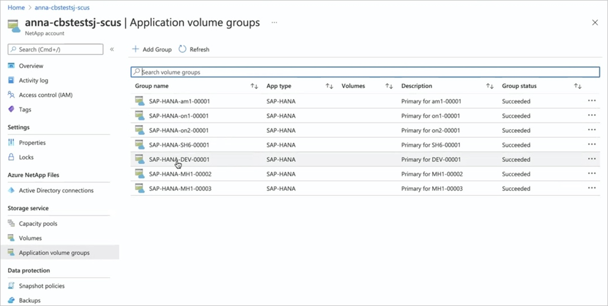 Screenshot that shows Application Volume Groups list.