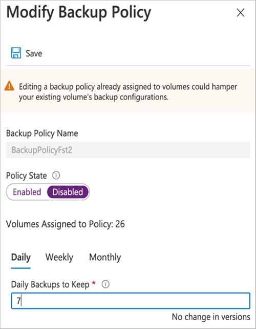 Screenshot that shows the Modify Backup Policy window with Policy State disabled.