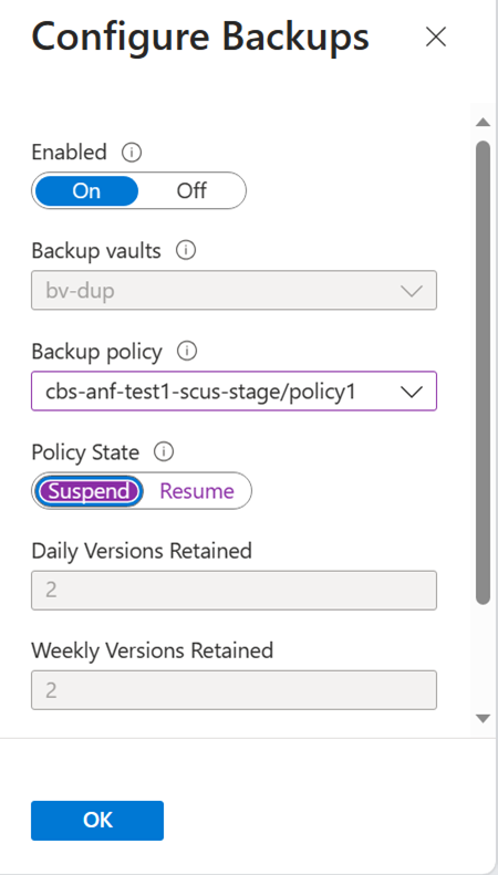 Screenshot that shows the Configure Backups window with the Suspend Policy State.