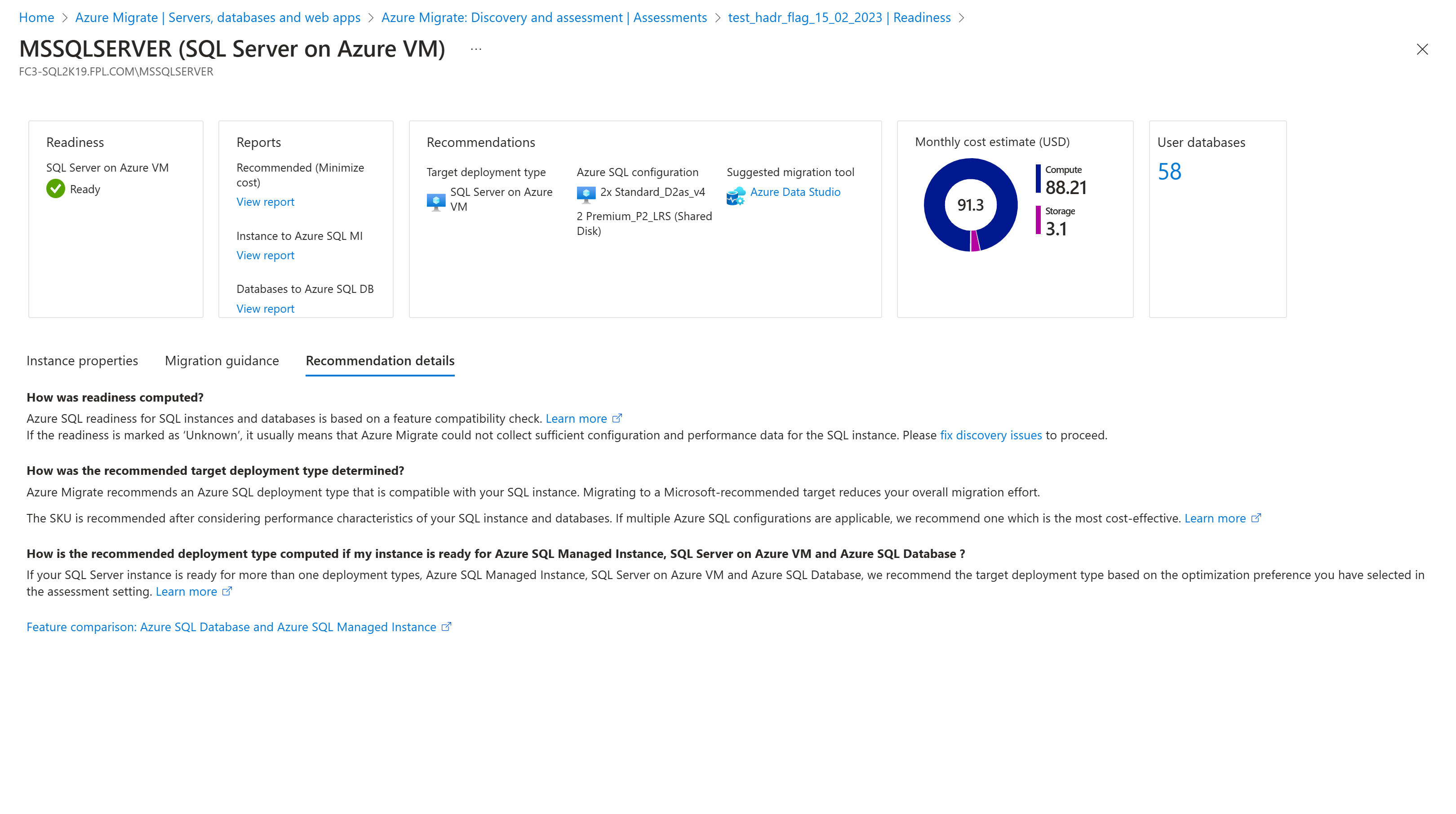 Screenshot of Recommendation details for assessment.