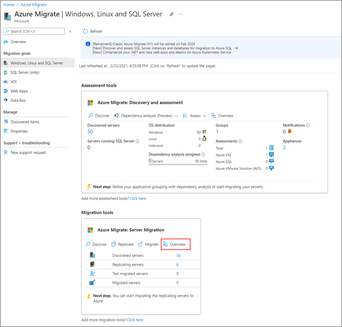 Screenshot that shows the Overview page on the Azure Migrate hub.