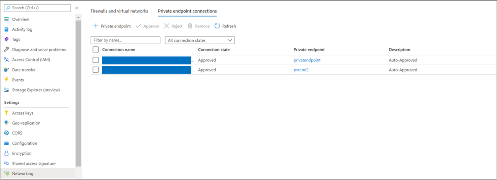 Screenshot that shows the Private endpoint approval status.