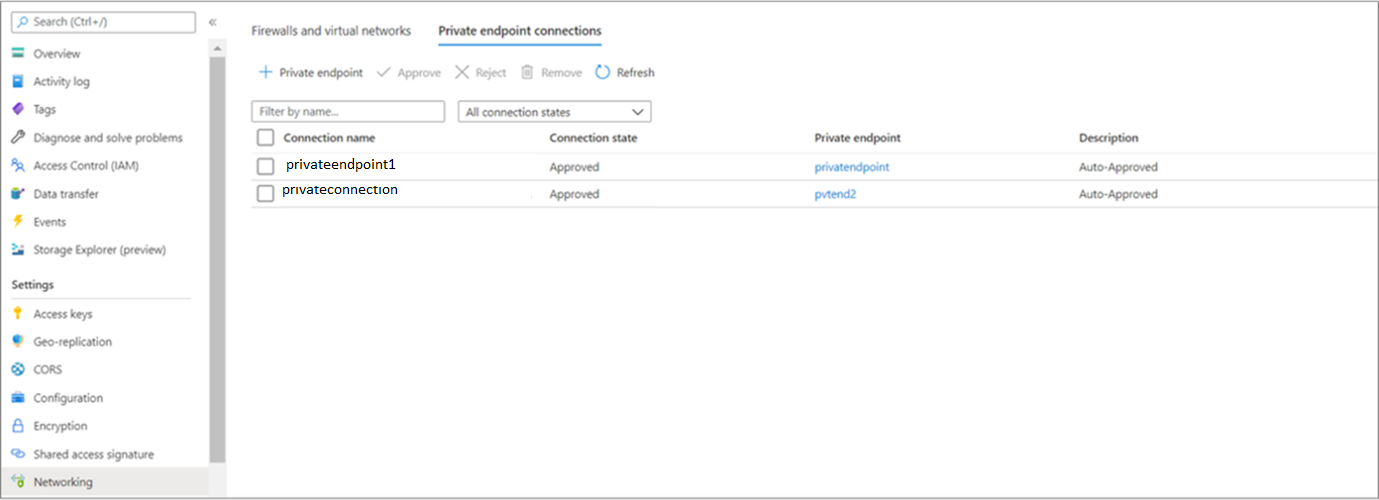 Screenshot that shows the Private endpoint approval status.