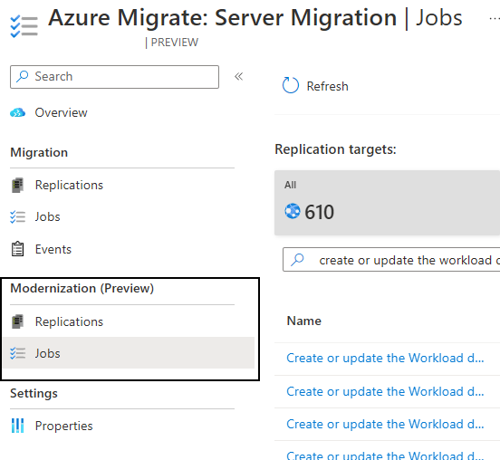 Screenshot of the Jobs tab in the migration hub.