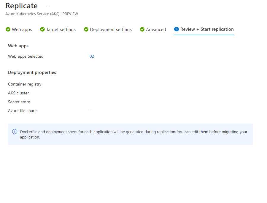 Screenshot of the Review + start replication tab on the Replicate tab.