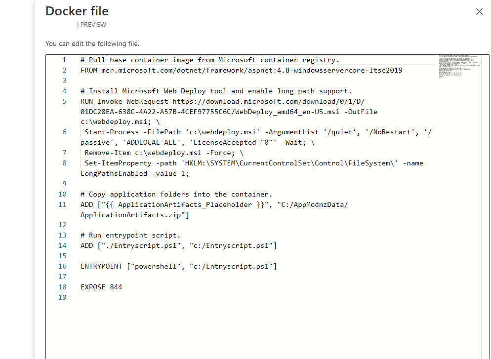 Screenshot of the docker file editor in the target settings.