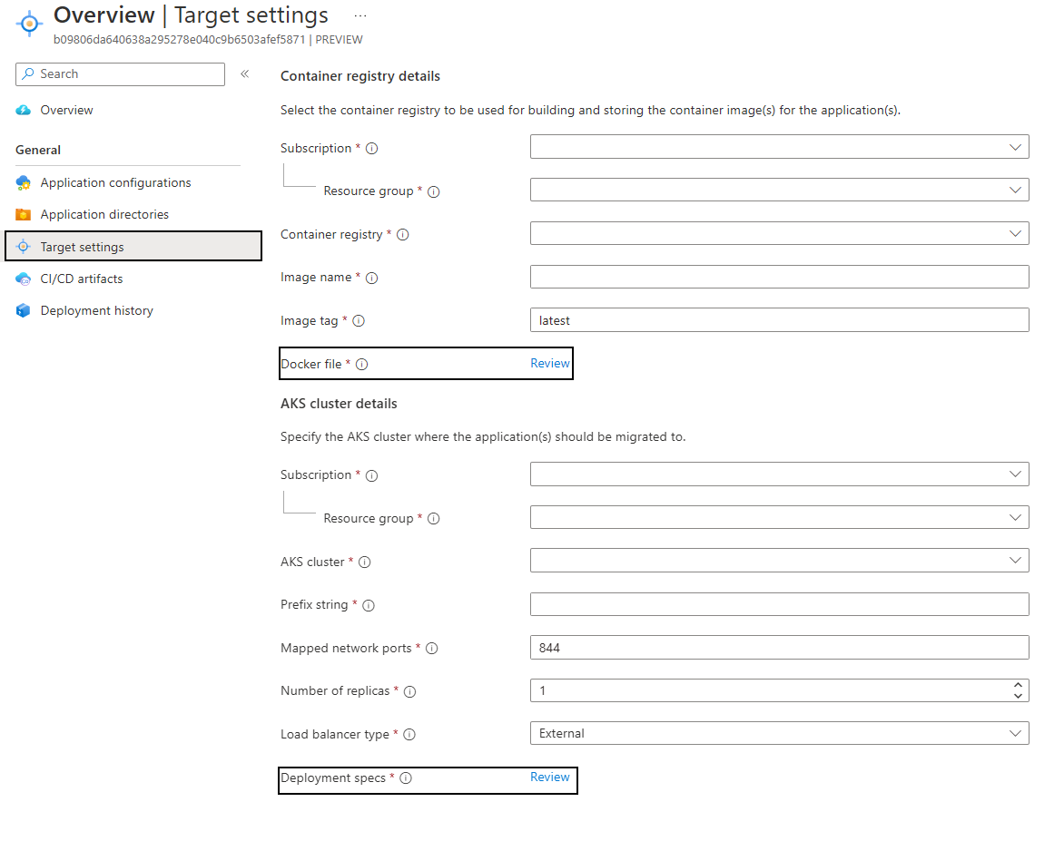 Screenshot of the target settings in the target resource.