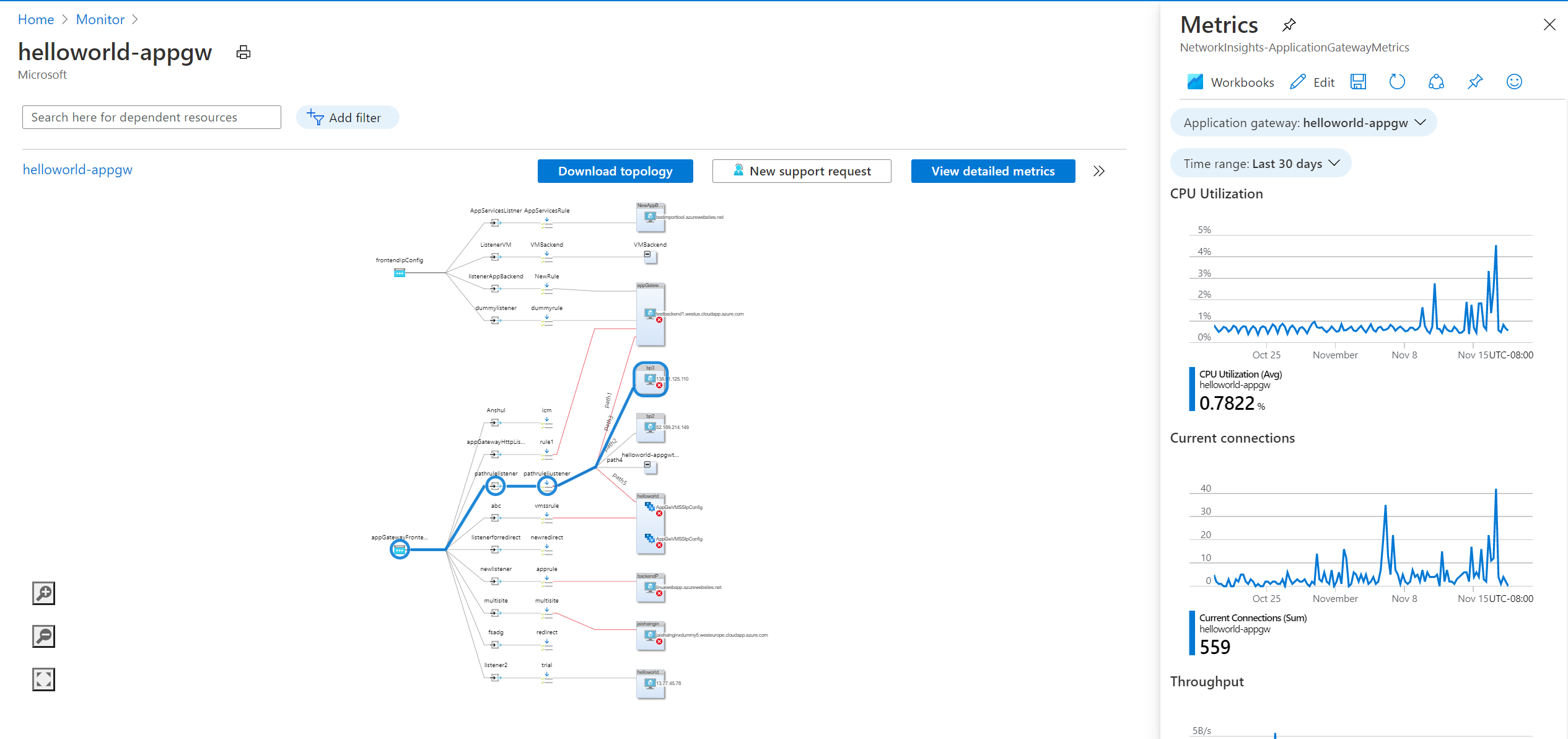 屏幕截图显示 Azure Monitor 网络见解中的“依赖项”视图。