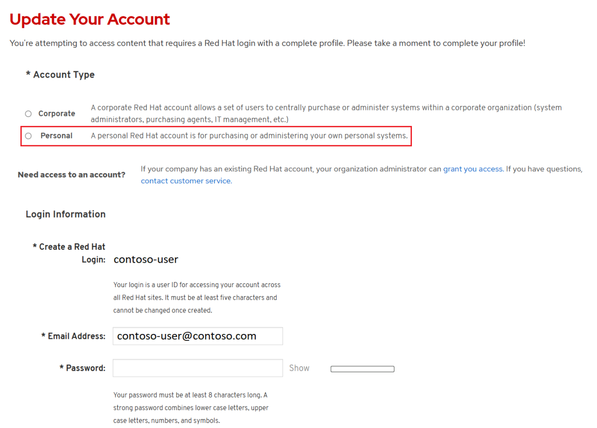 Red Hat 更新帐户页的屏幕截图。