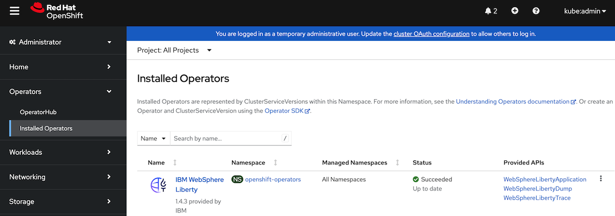 Red Hat OpenShift 群集控制台门户的屏幕截图,其中显示了“已安装运算符”页。