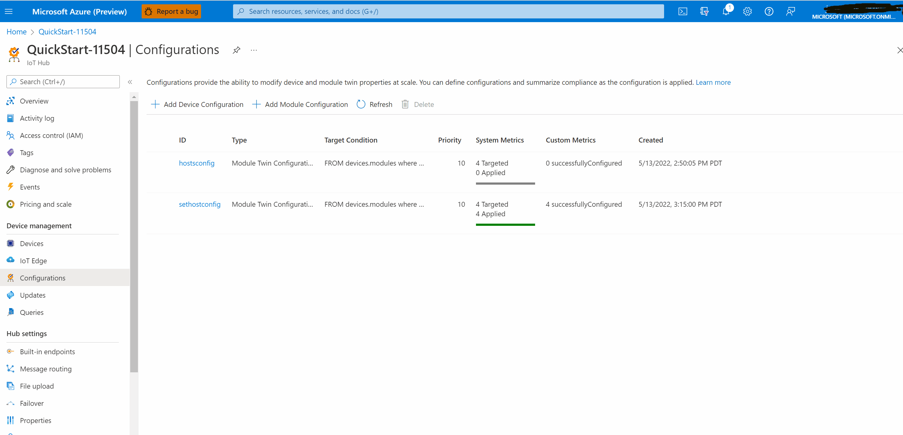 Screen capture showing how to verify custom metrics from Configuration