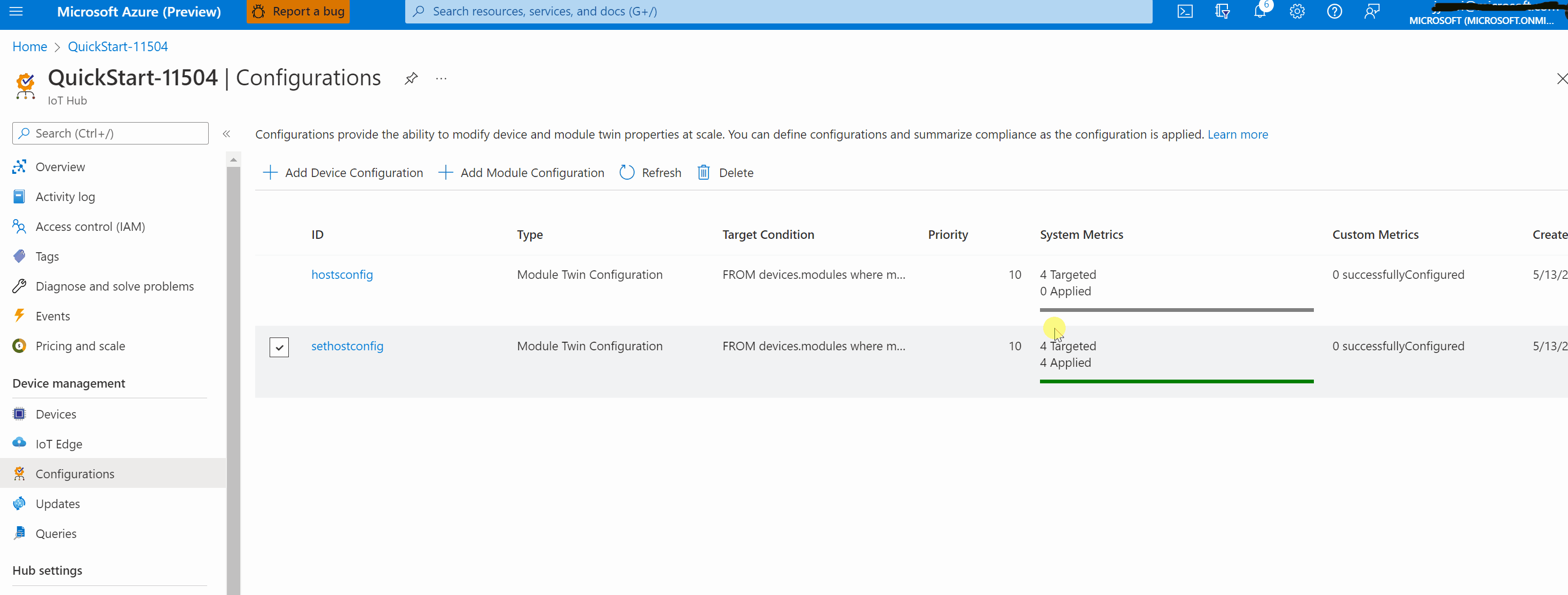 Screen capture showing how to verify applied metrics from Configuration