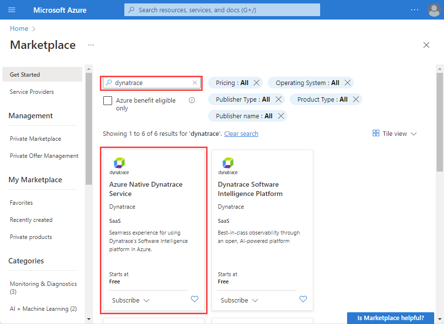 Screenshot showing the Azure Native Dynatrace Service offering.
