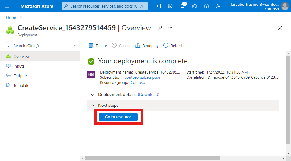 Screenshot of the Azure portal showing the successful deployment of a service and the Go to resource button.