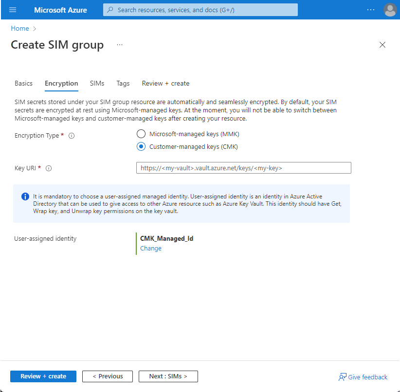 Screenshot of the Azure portal showing the Encryption configuration tab.